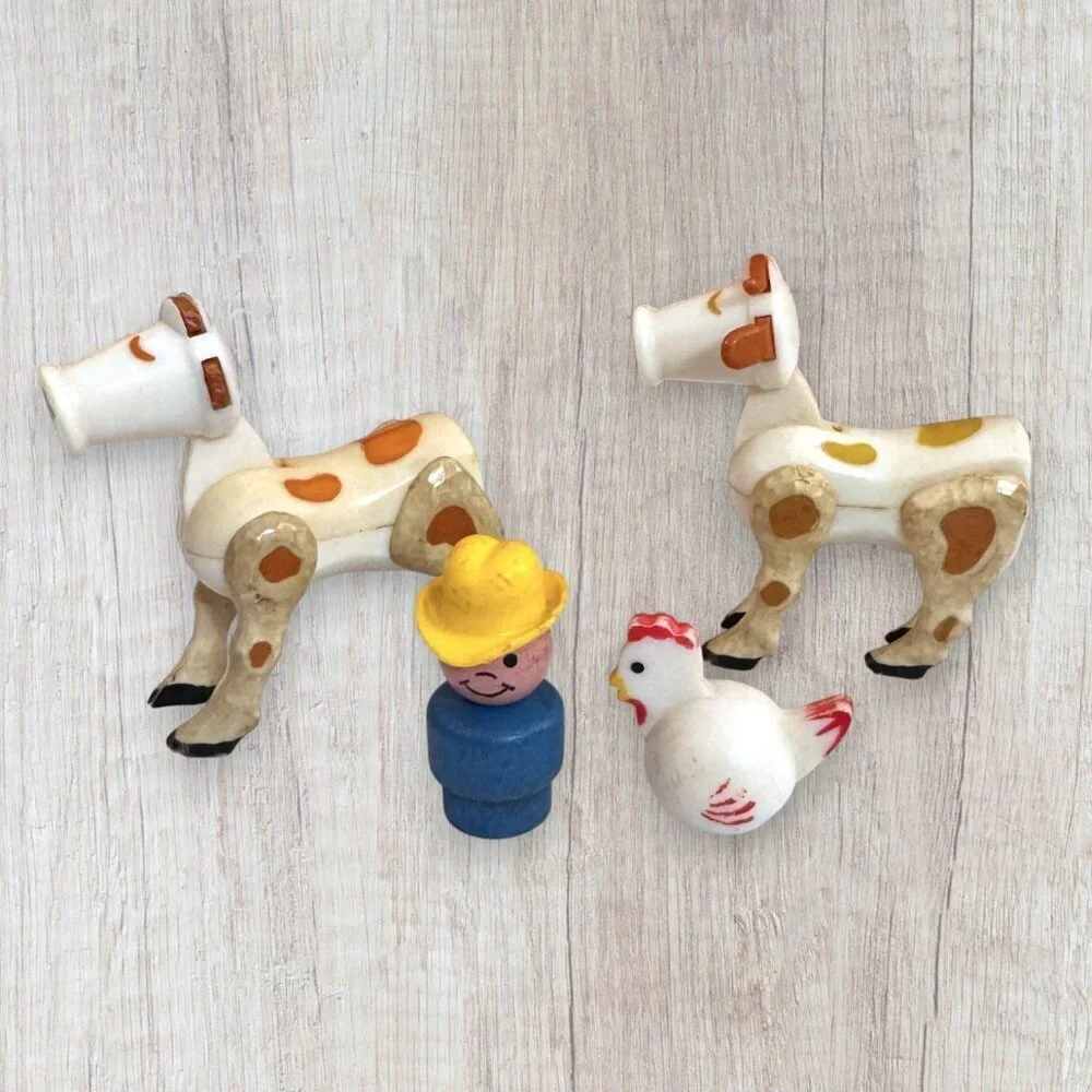 Vintage Fisher Price Wooden Farm Animals Cow Figures Chicken Farmer Lot